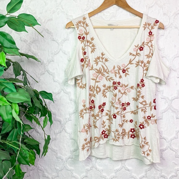 Lucky Brand Tops - Lucky Brand Cold Shoulder Floral Embroidered Tee